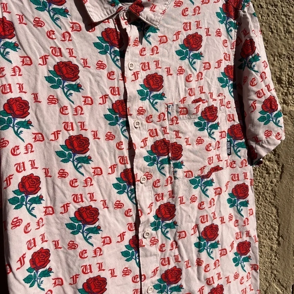 Men's Full Send Button-Down Shirt Multicolor Roses Spell-Out XL‎ Street Art City